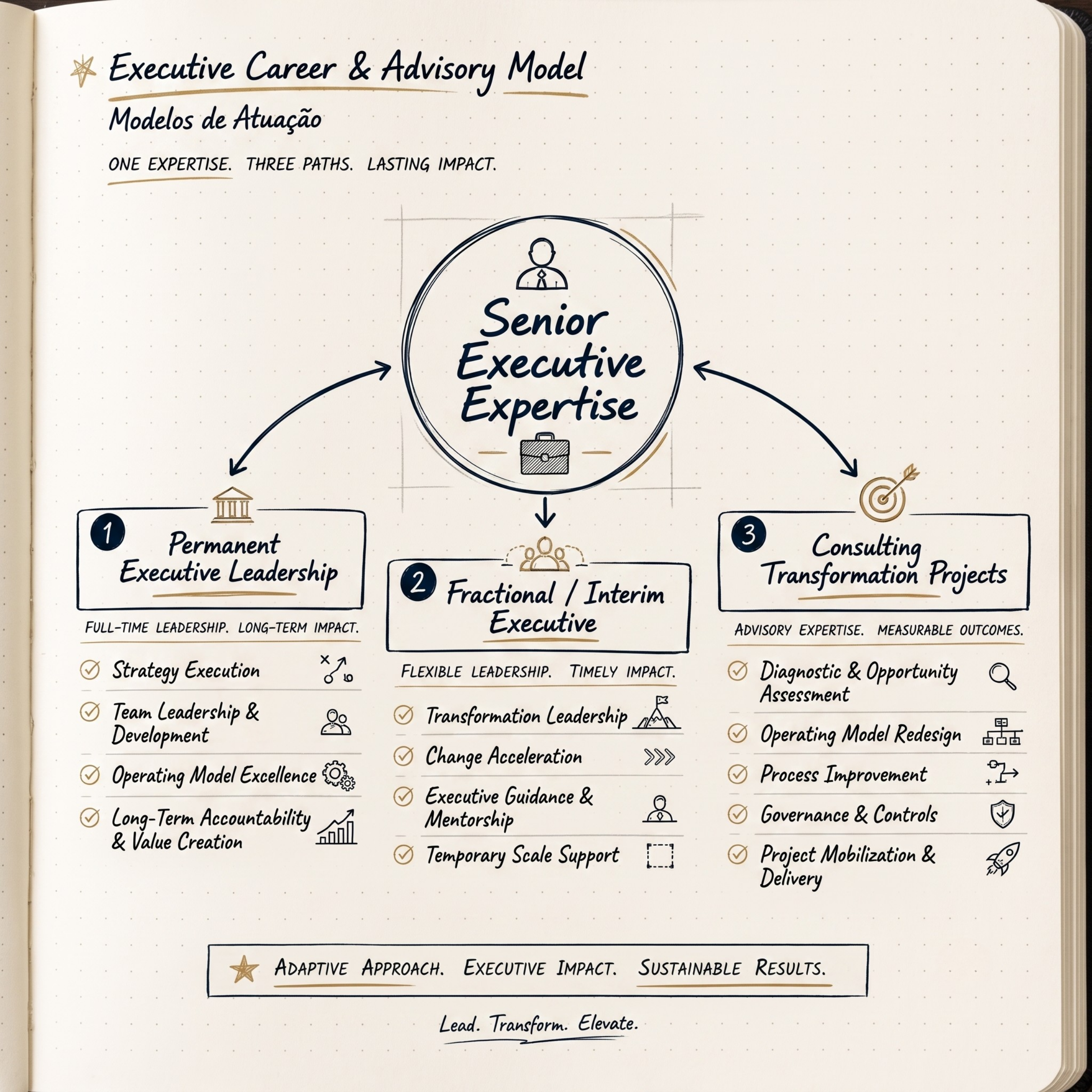 Diagrama conceitual desenhado à mão: uma expertise executiva central ramificando em três modelos de atuação — liderança permanente, executivo fracionado/interino e projetos de transformação.