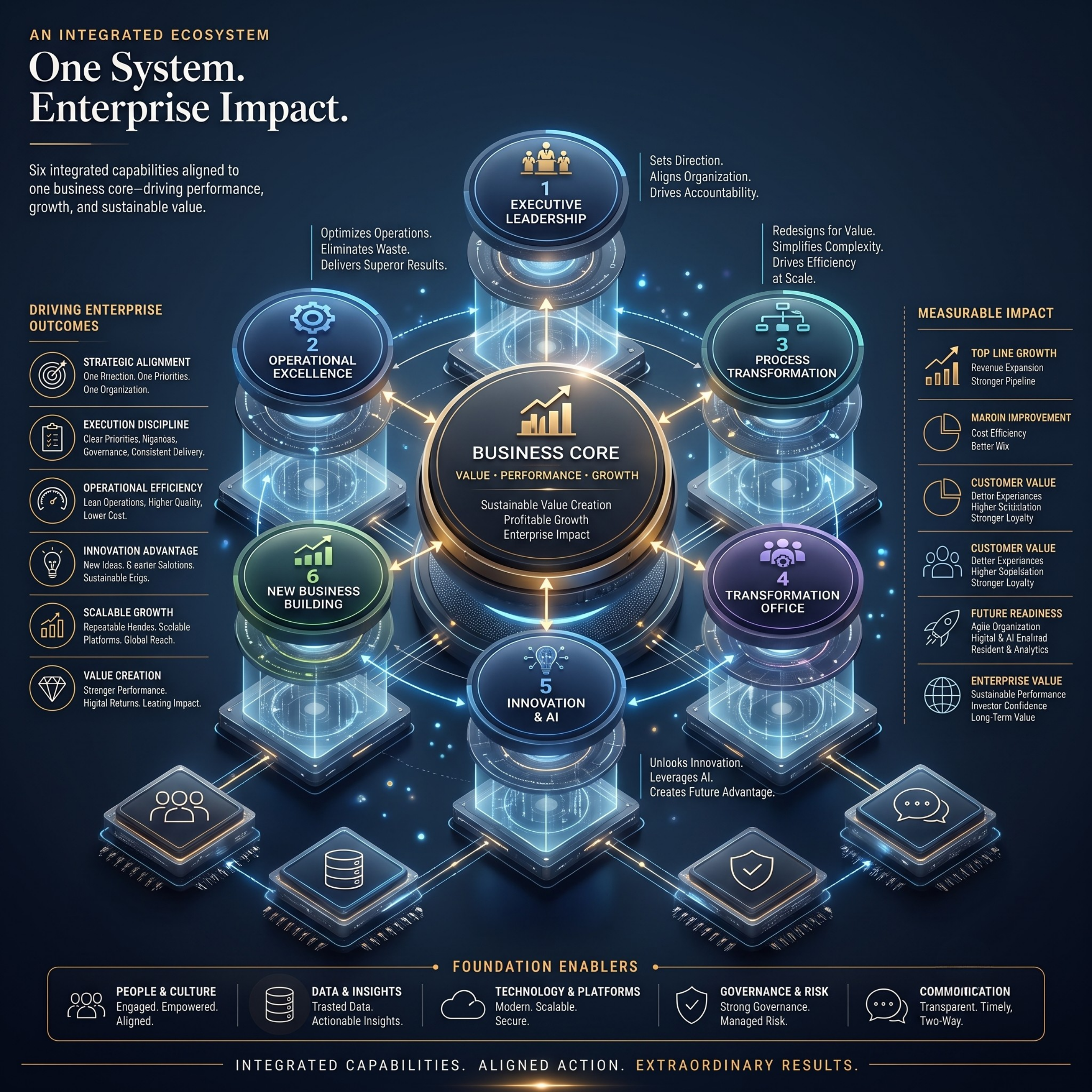Diagrama conceitual: seis capacidades integradas orbitando um business core de valor, performance e crescimento.