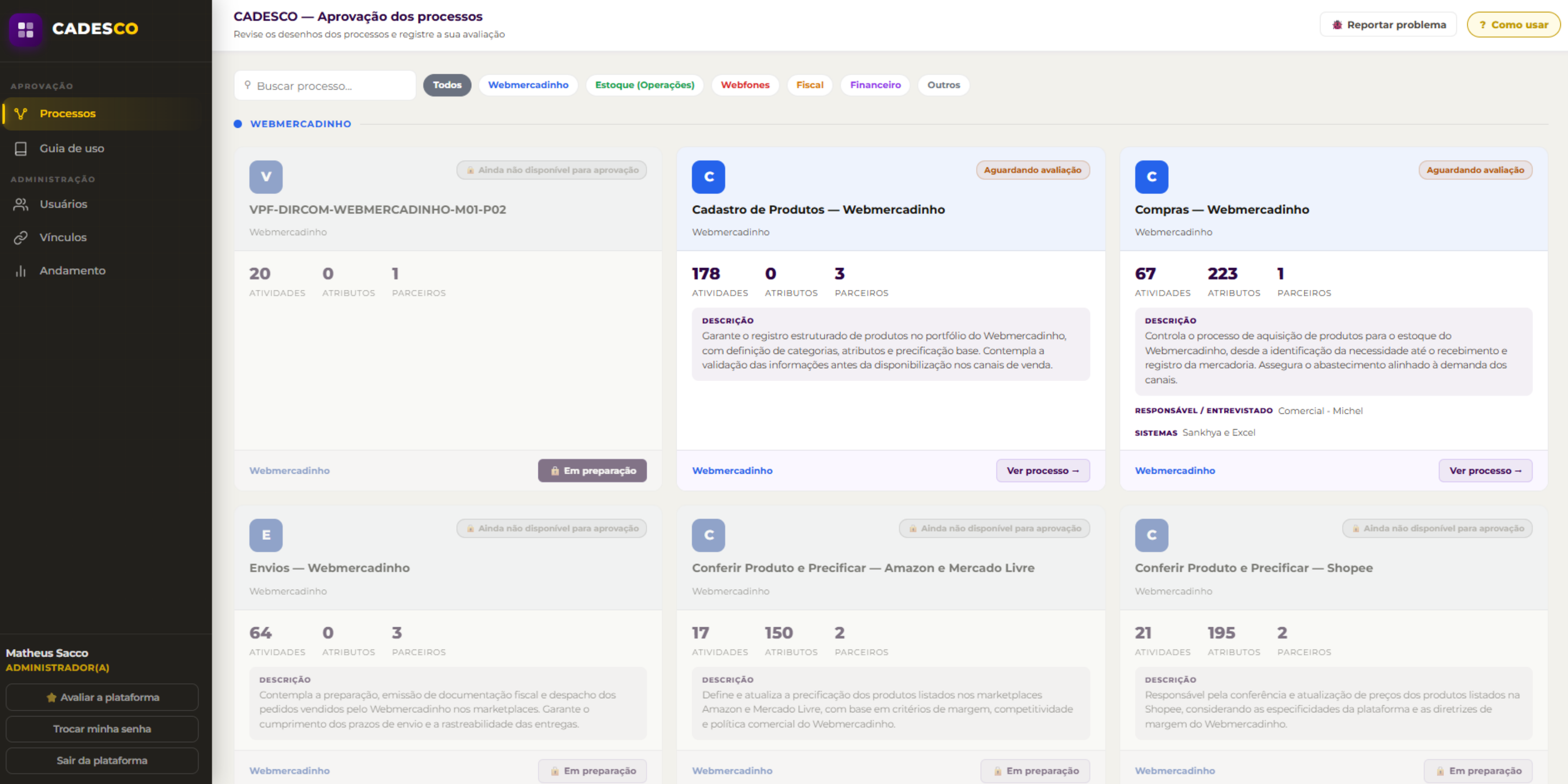 Captura de tela real do CADESCO: modelagem BPMN, fluxo de aprovação e governança digital de processos.